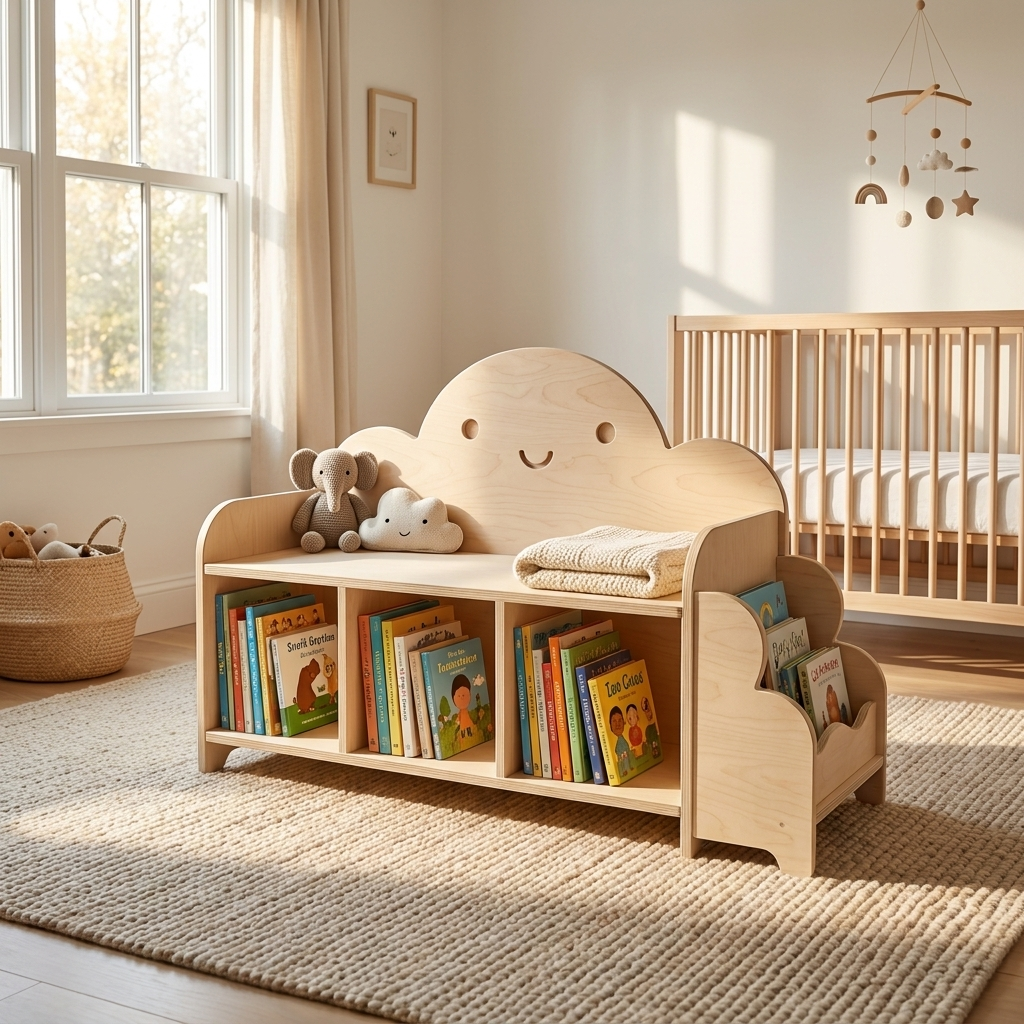 Cloud Bookshelf with Storage Bench